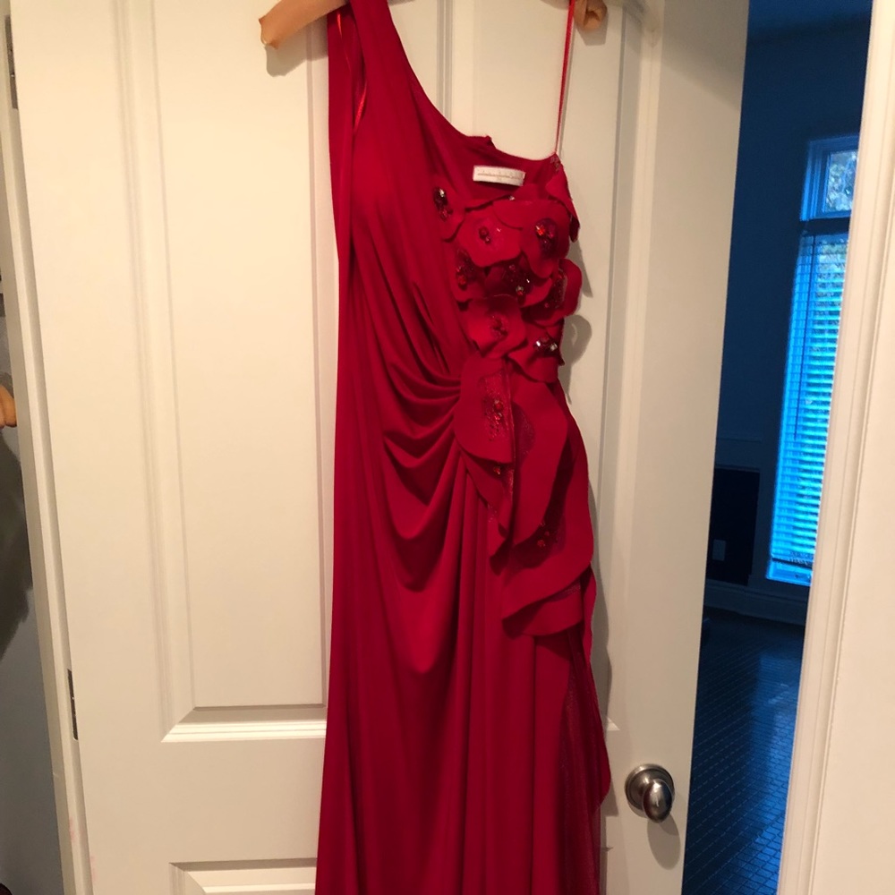 Tarik Ediz red evening gown with floral design